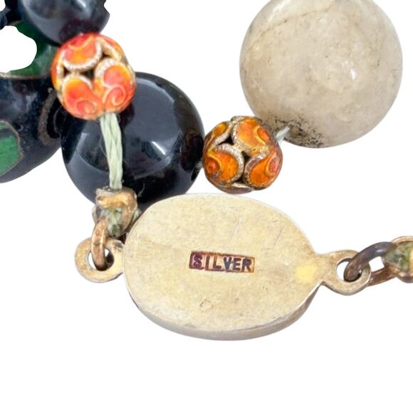 Estate Sterling Silver Jadeite & Onyx Necklace With Cloisonné Accent Beads 21" - Picture 5 of 7